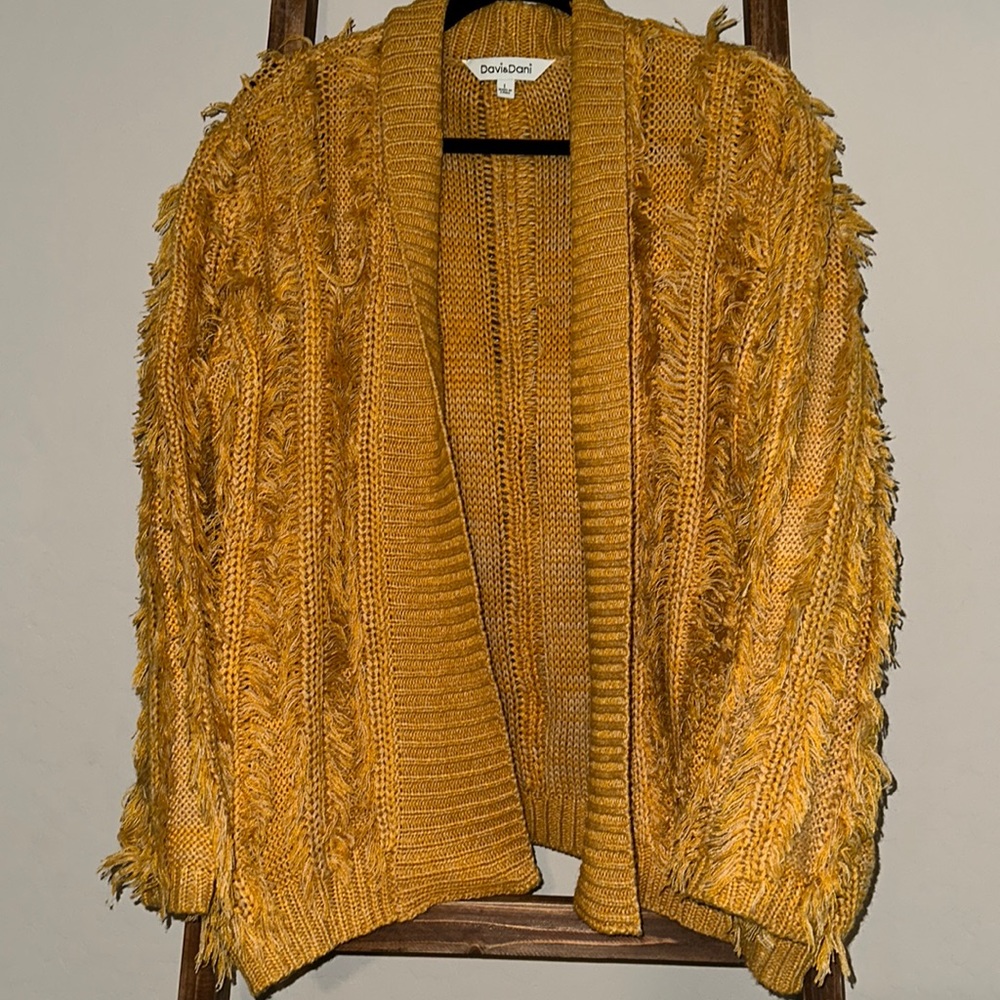 Davi + Dani Mustard Yellow Fringe Open Front Cardigan Large EUC